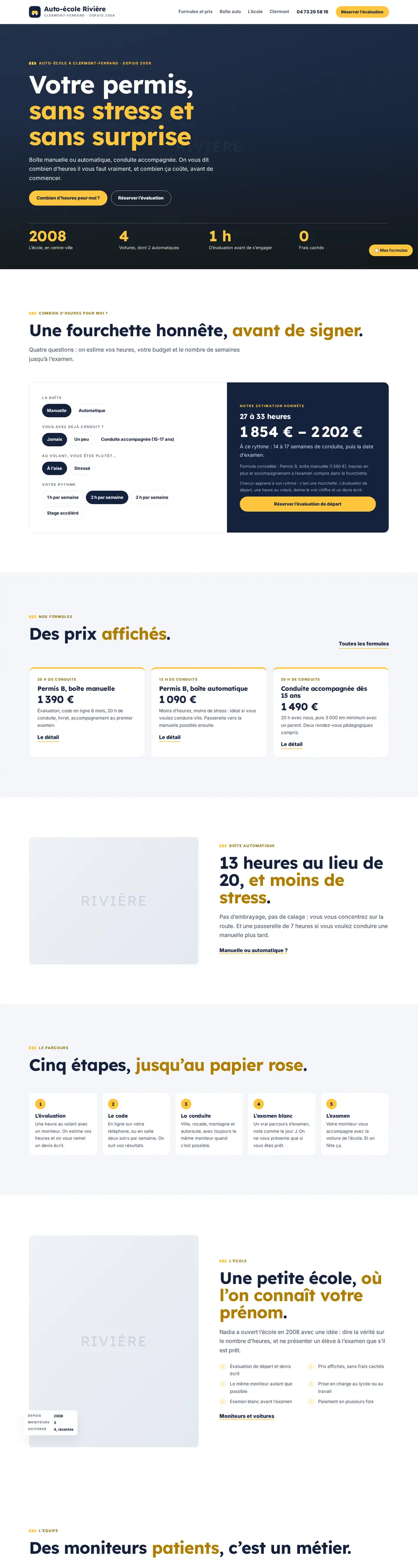 Page d'accueil complète du modèle auto-école