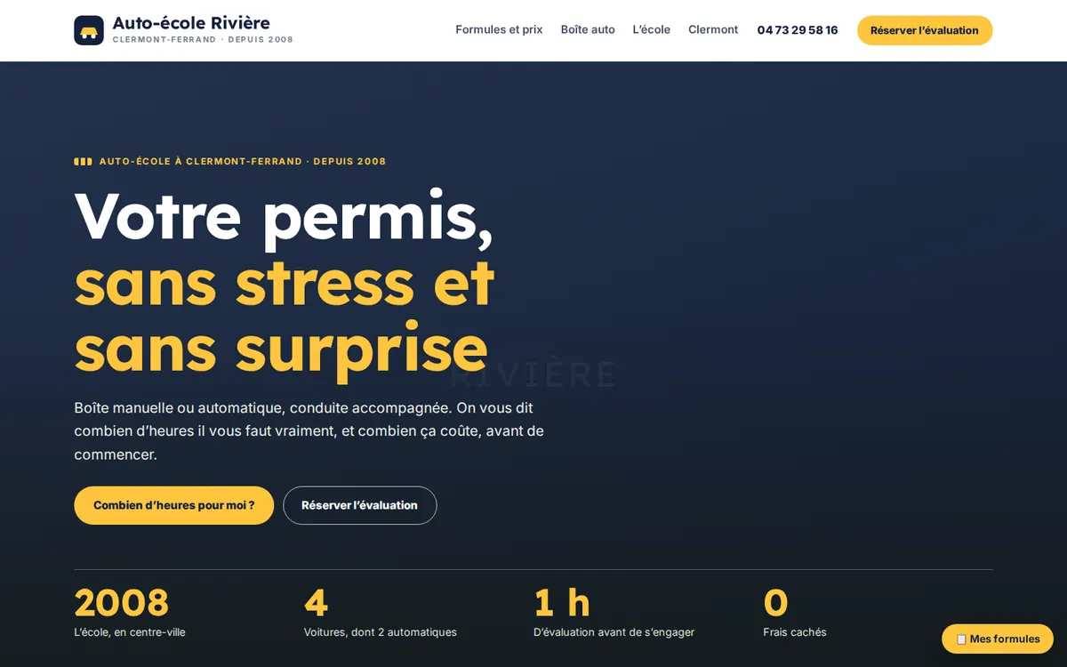 Capture du modèle de site auto-école : page d'accueil sur ordinateur