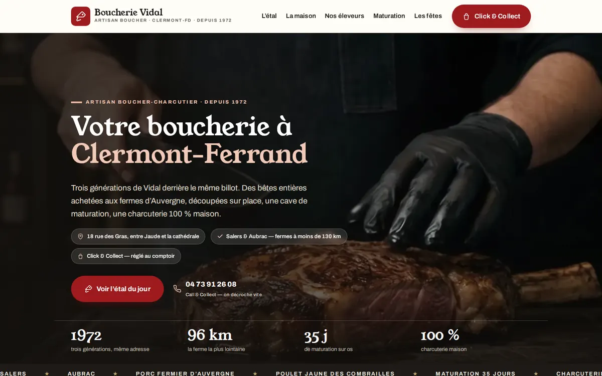 Capture du modèle de site boucherie charcuterie : page d'accueil sur ordinateur