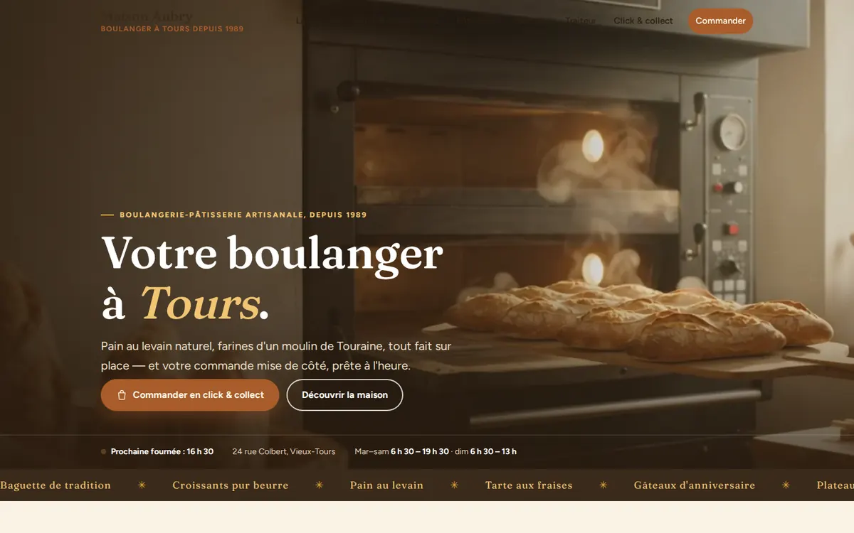 Capture du modèle de site boulangerie pâtisserie : page d'accueil sur ordinateur