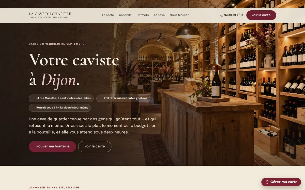 Capture du modèle de site caviste : page d'accueil sur ordinateur