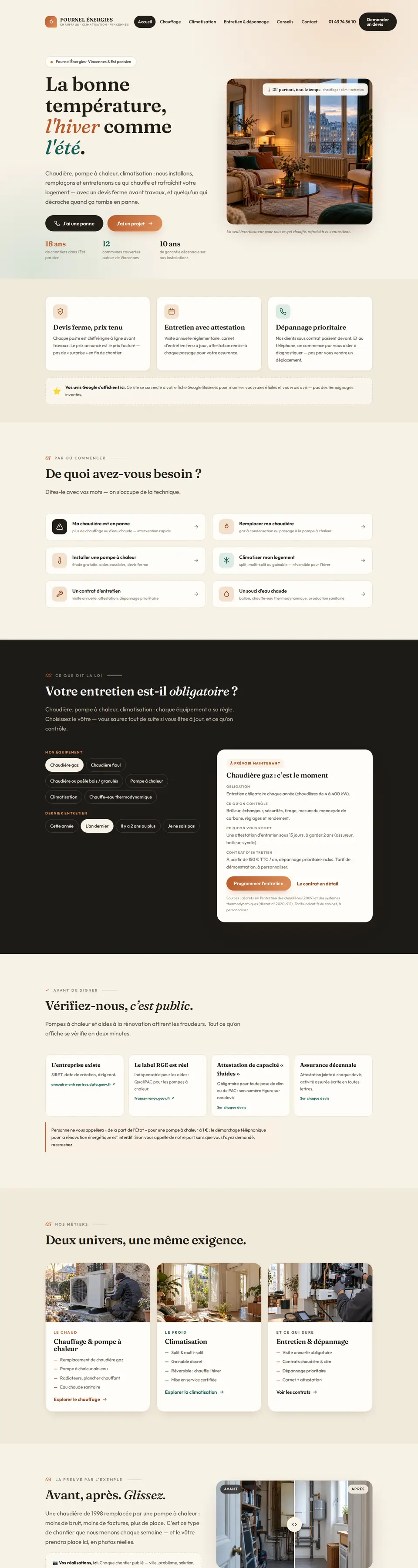 Page d'accueil complète du modèle chauffagiste & climatisation