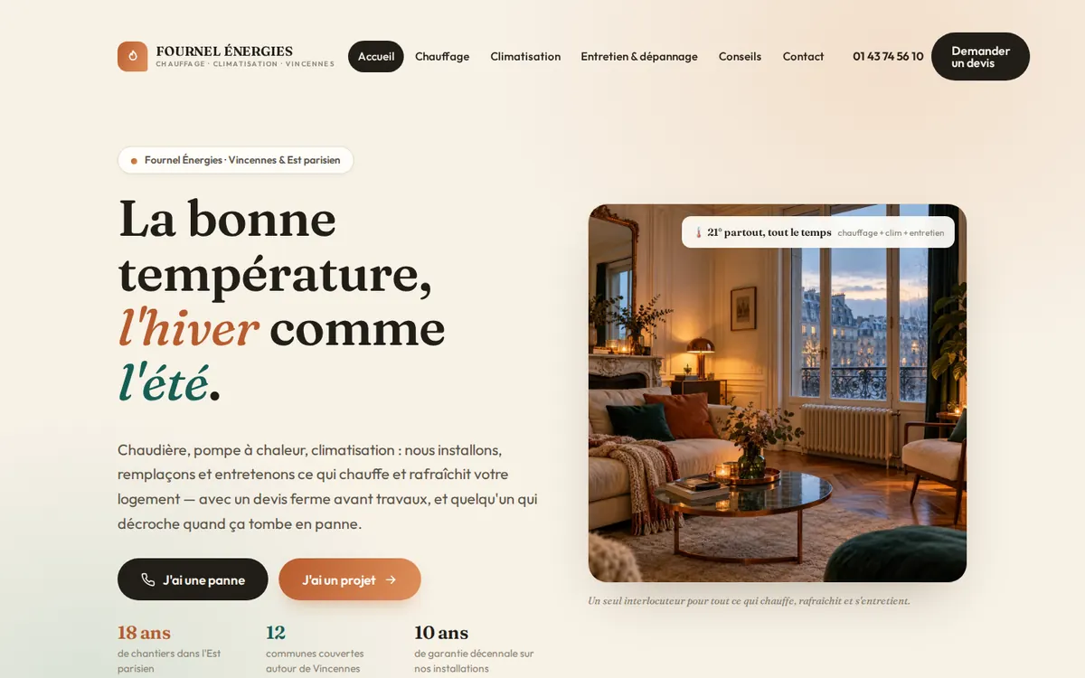 Capture du modèle de site chauffagiste & climatisation : page d'accueil sur ordinateur