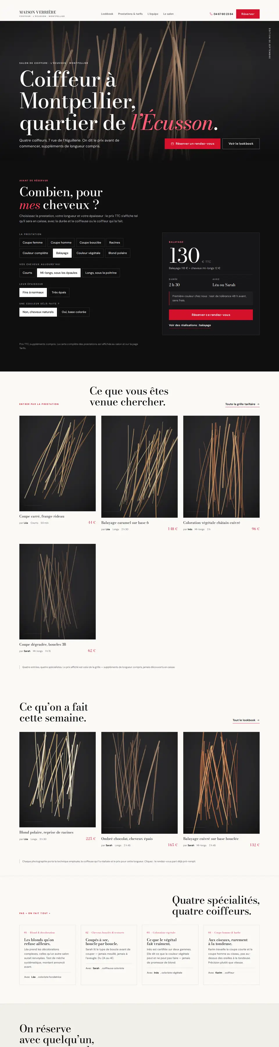 Page d'accueil complète du modèle salon de coiffure