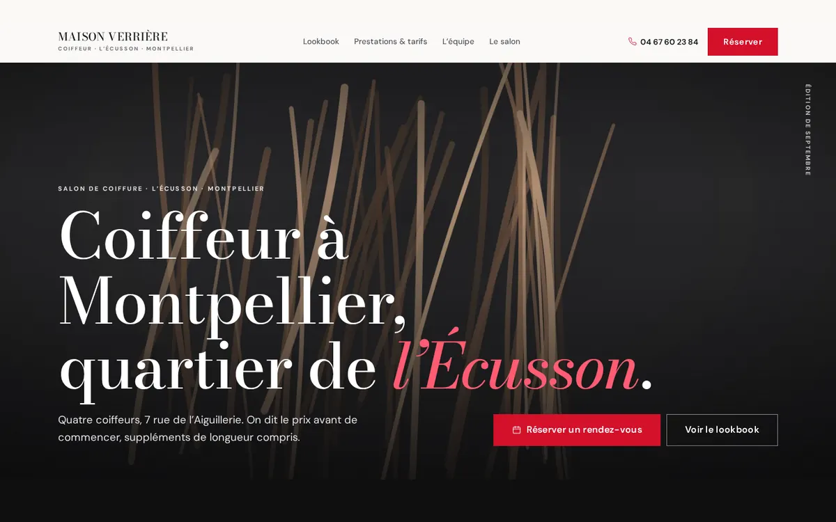 Capture du modèle de site salon de coiffure : page d'accueil sur ordinateur