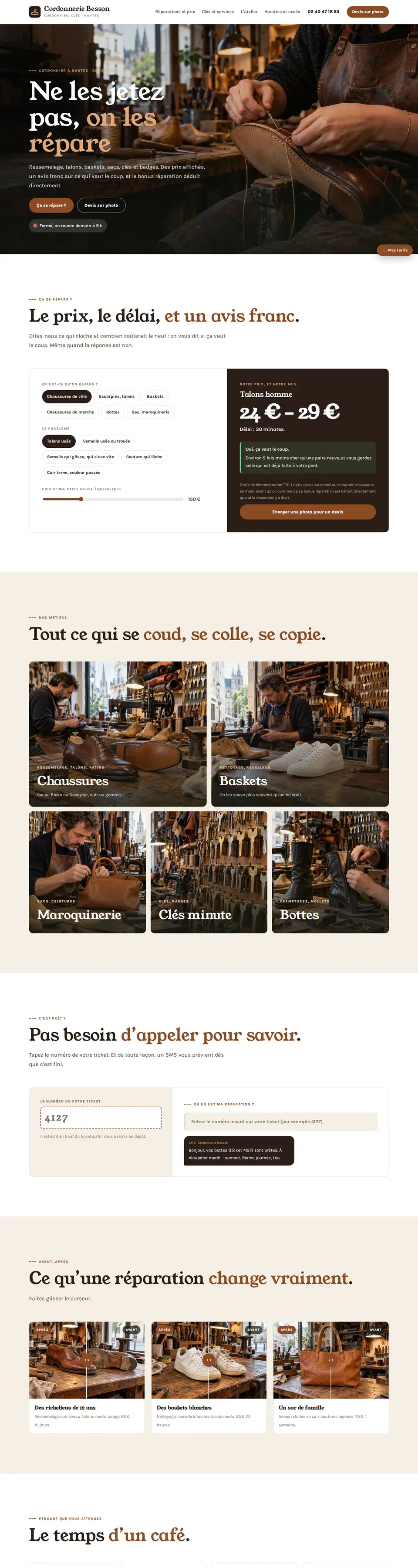 Page d'accueil complète du modèle cordonnier
