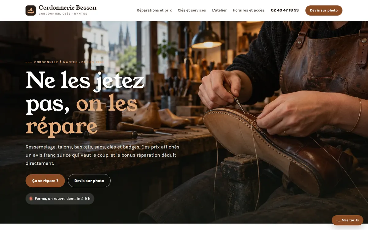 Capture du modèle de site cordonnier : page d'accueil sur ordinateur