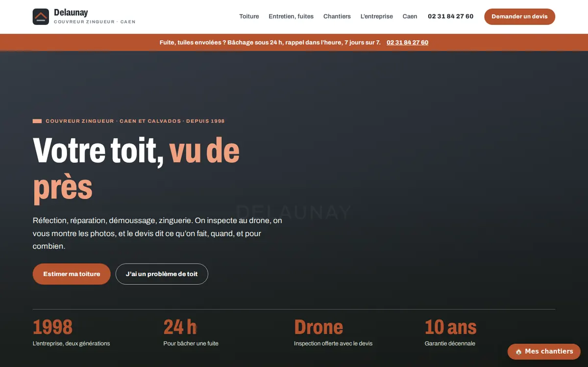 Capture du modèle de site couvreur : page d'accueil sur ordinateur