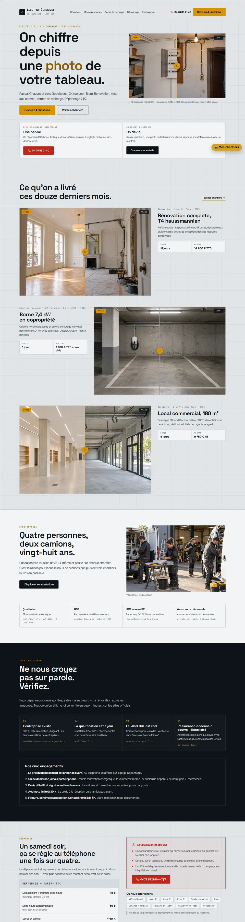 Page d'accueil complète du modèle électricien