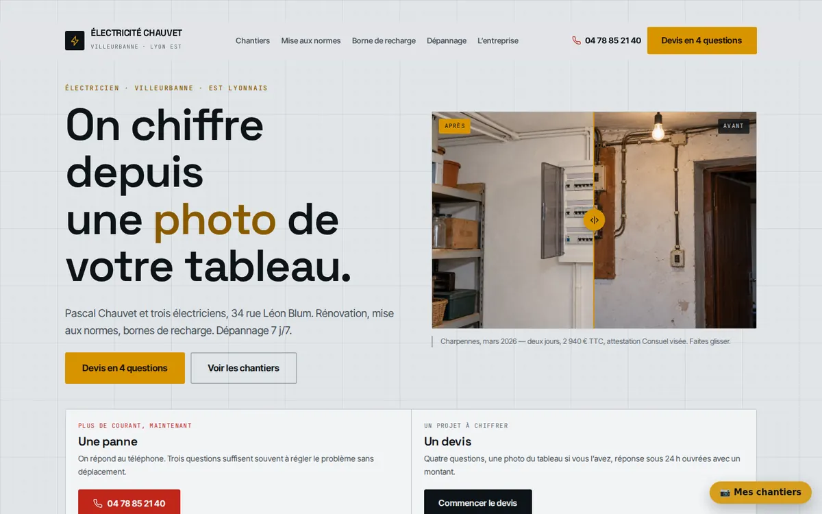 Capture du modèle de site électricien : page d'accueil sur ordinateur
