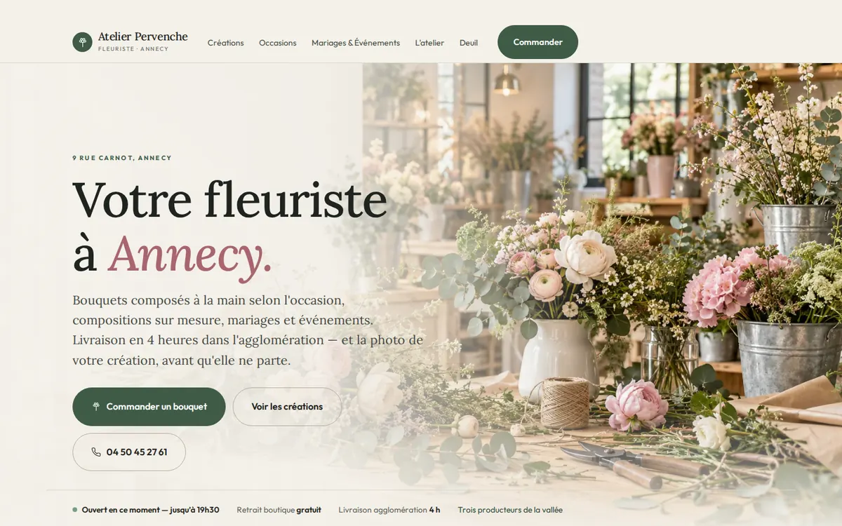 Capture du modèle de site fleuriste : page d'accueil sur ordinateur