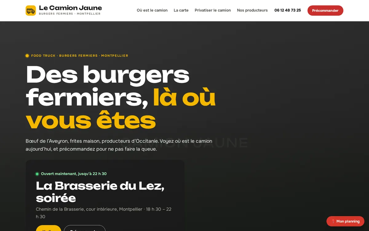 Capture du modèle de site food truck : page d'accueil sur ordinateur