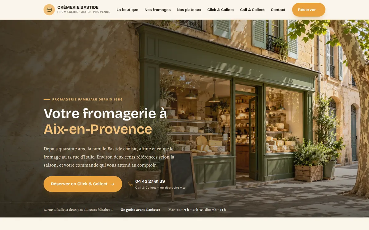 Capture du modèle de site fromagerie : page d'accueil sur ordinateur