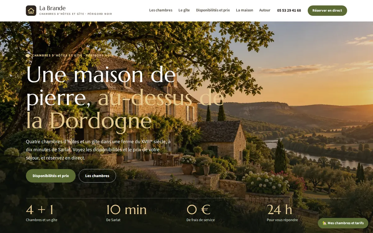 Capture du modèle de site gîte & chambres d'hôtes : page d'accueil sur ordinateur
