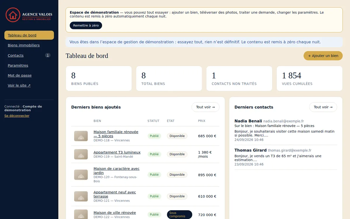 Espace de gestion du modèle immobilier : tableau de bord