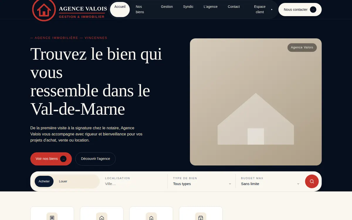 Capture du modèle de site agence immobilière : page d'accueil sur ordinateur