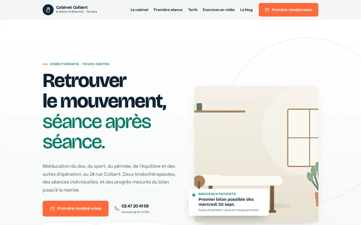 Capture du modèle de site kinésithérapeute : page d'accueil sur ordinateur