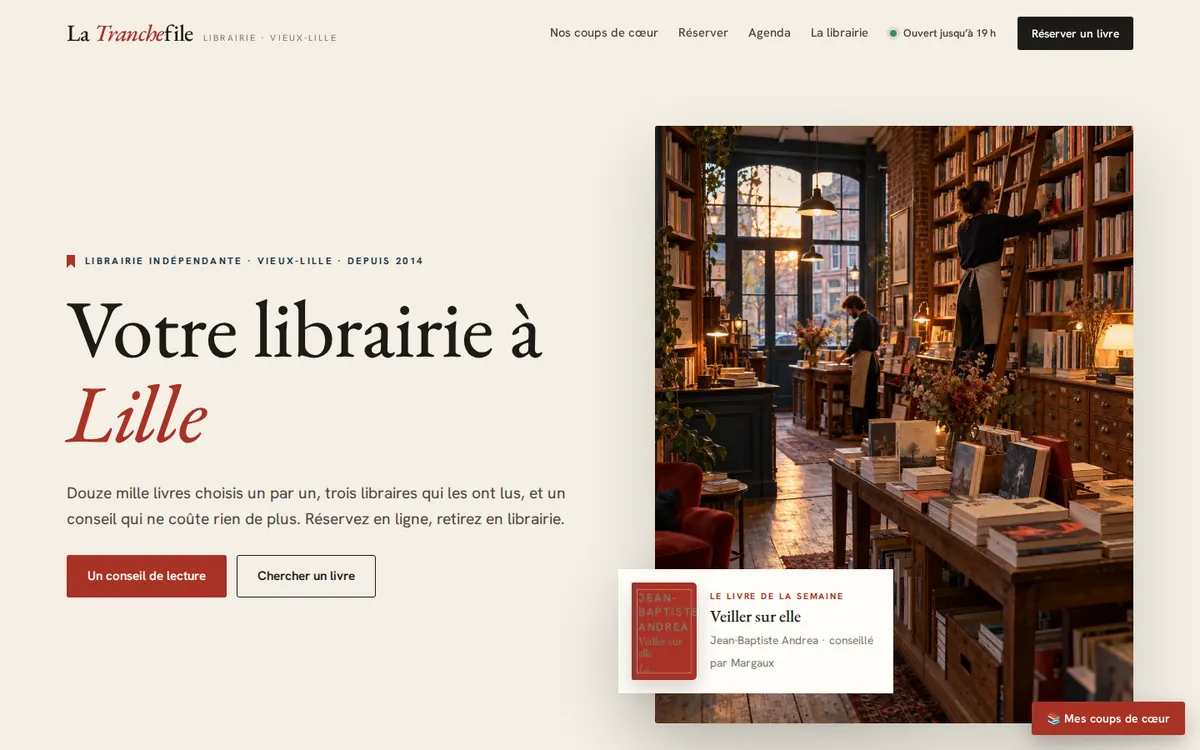 Capture du modèle de site librairie : page d'accueil sur ordinateur