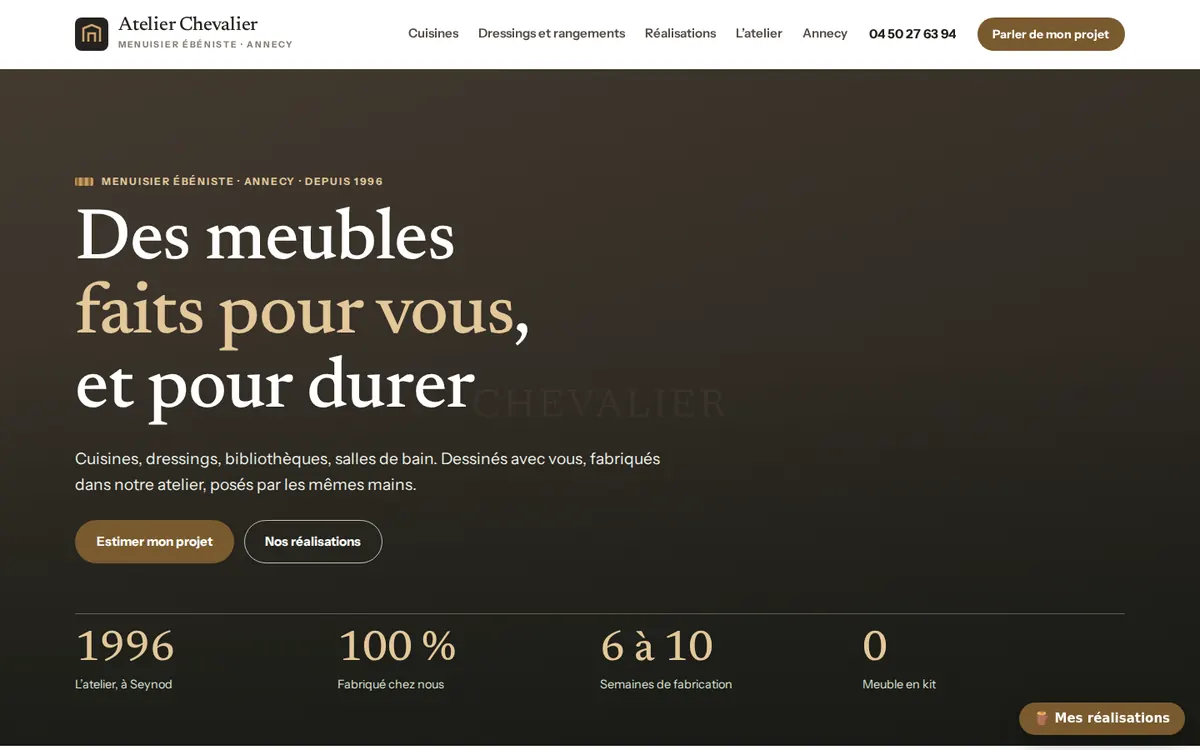 Capture du modèle de site menuisier agenceur : page d'accueil sur ordinateur