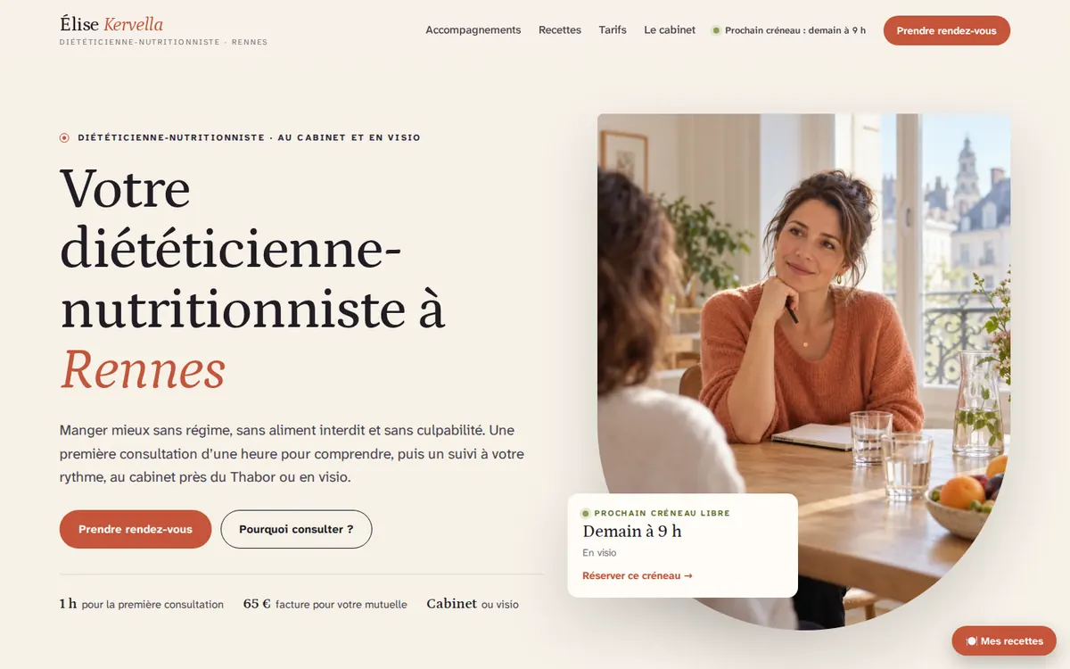 Capture du modèle de site diététicienne nutritionniste : page d'accueil sur ordinateur