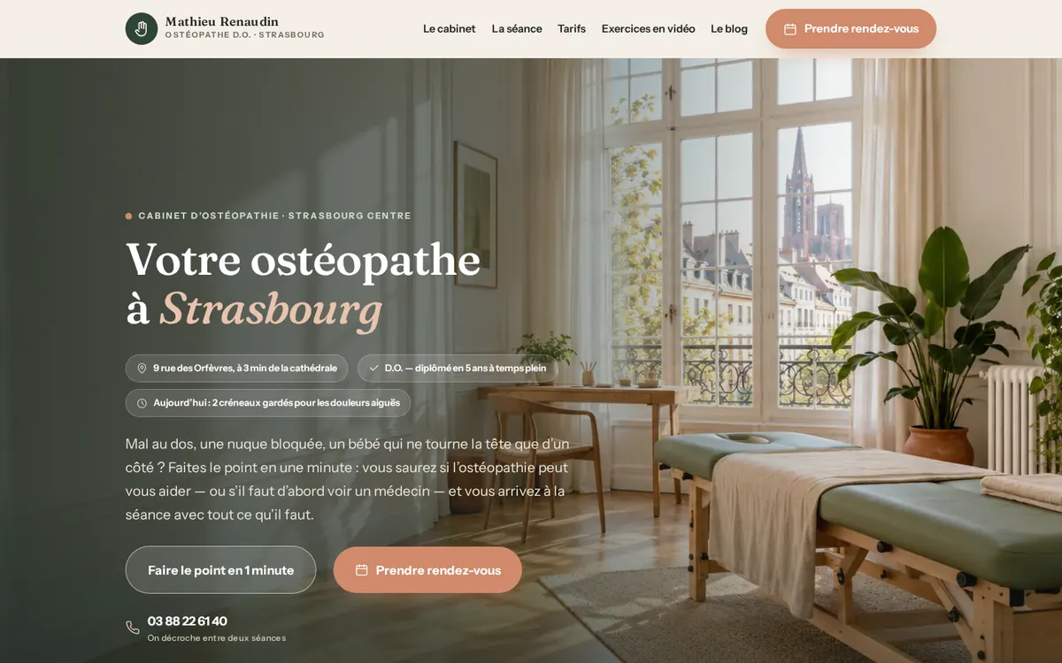 Capture du modèle de site ostéopathe : page d'accueil sur ordinateur