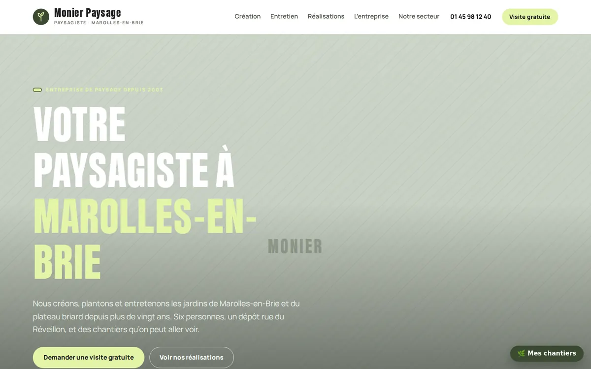 Capture du modèle de site paysagiste : page d'accueil sur ordinateur