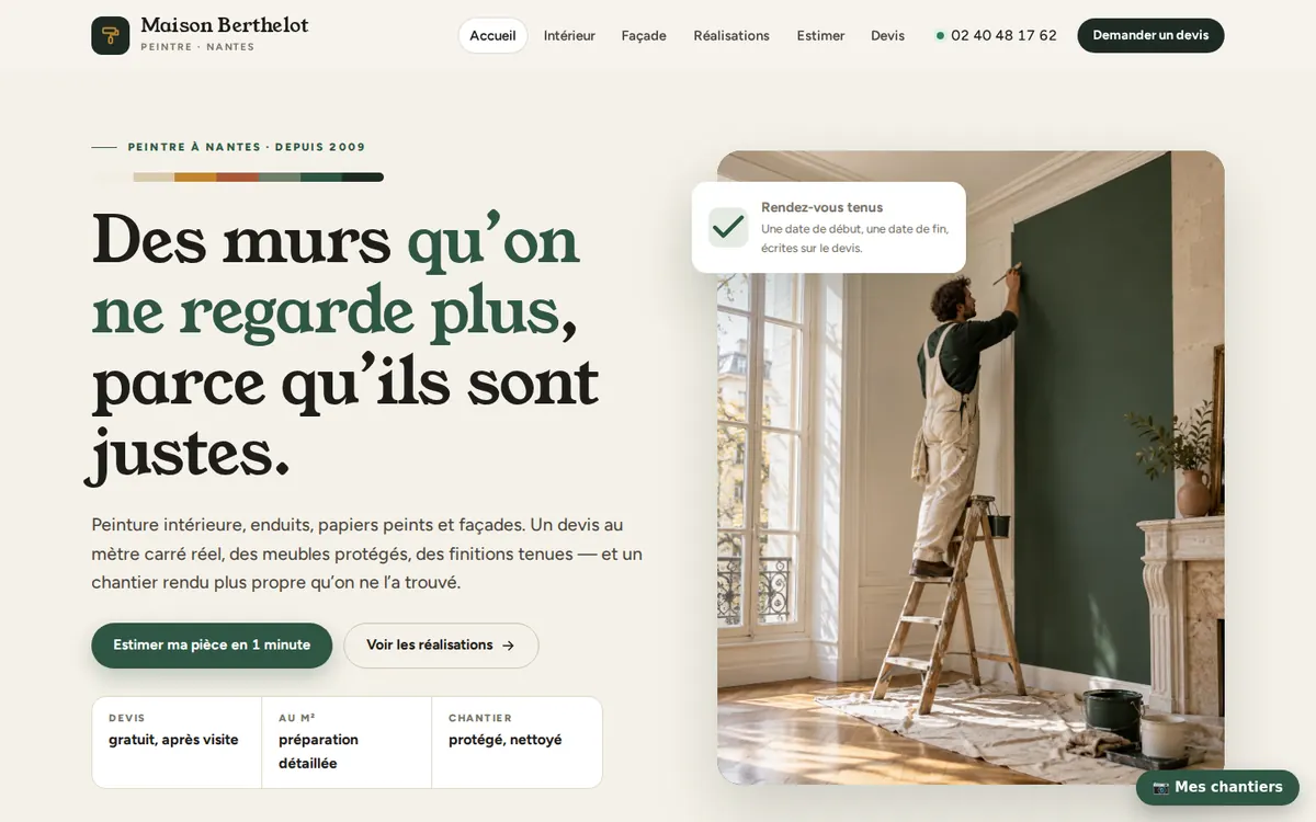 Capture du modèle de site peintre en bâtiment : page d'accueil sur ordinateur