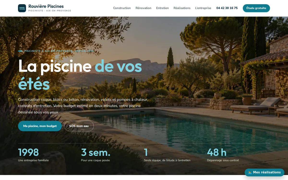Capture du modèle de site pisciniste : page d'accueil sur ordinateur