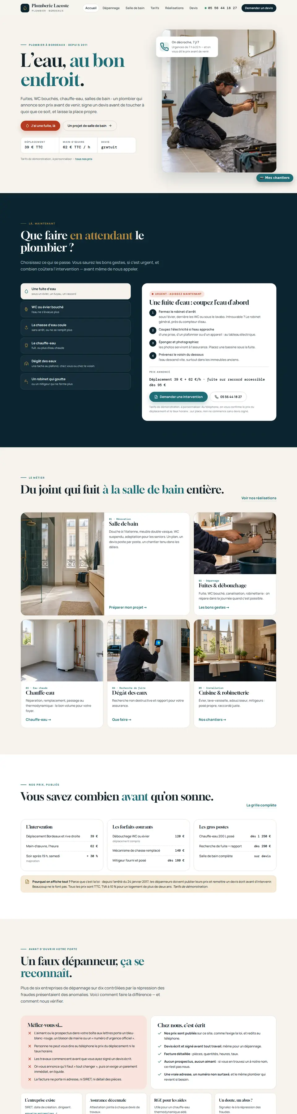 Page d'accueil complète du modèle plombier
