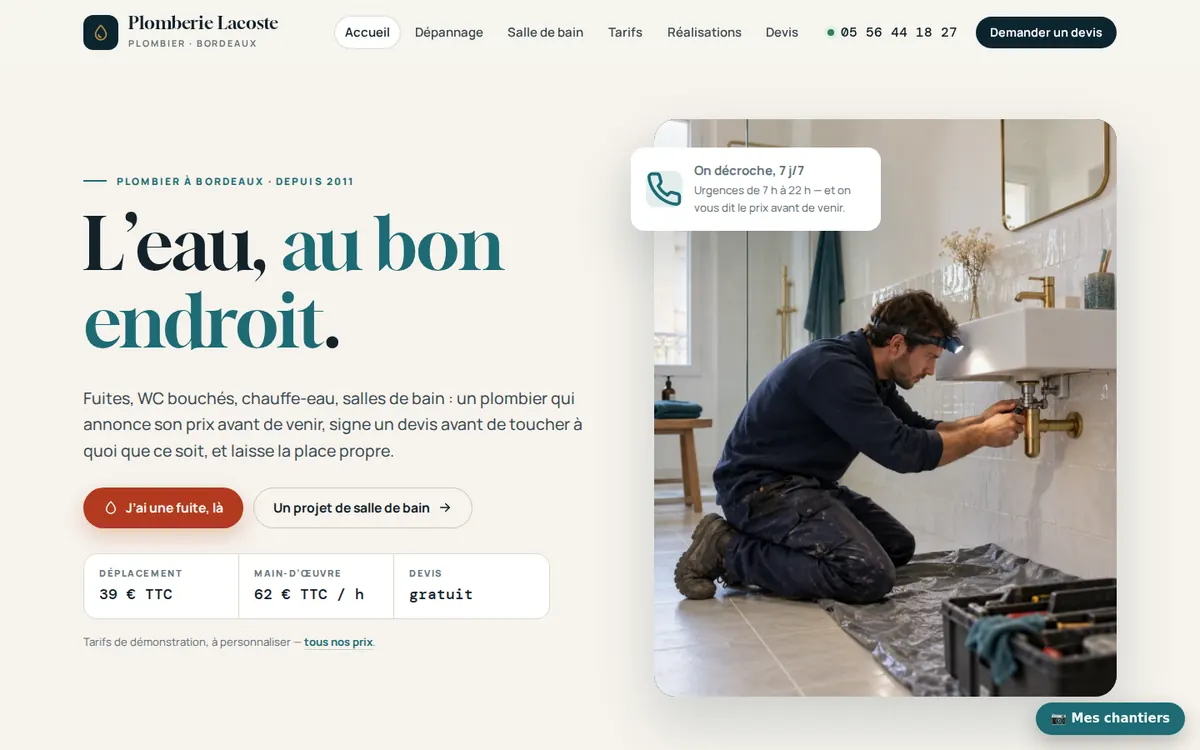 Capture du modèle de site plombier : page d'accueil sur ordinateur