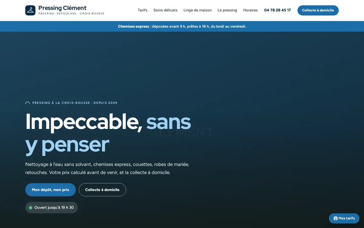 Capture du modèle de site pressing : page d'accueil sur ordinateur