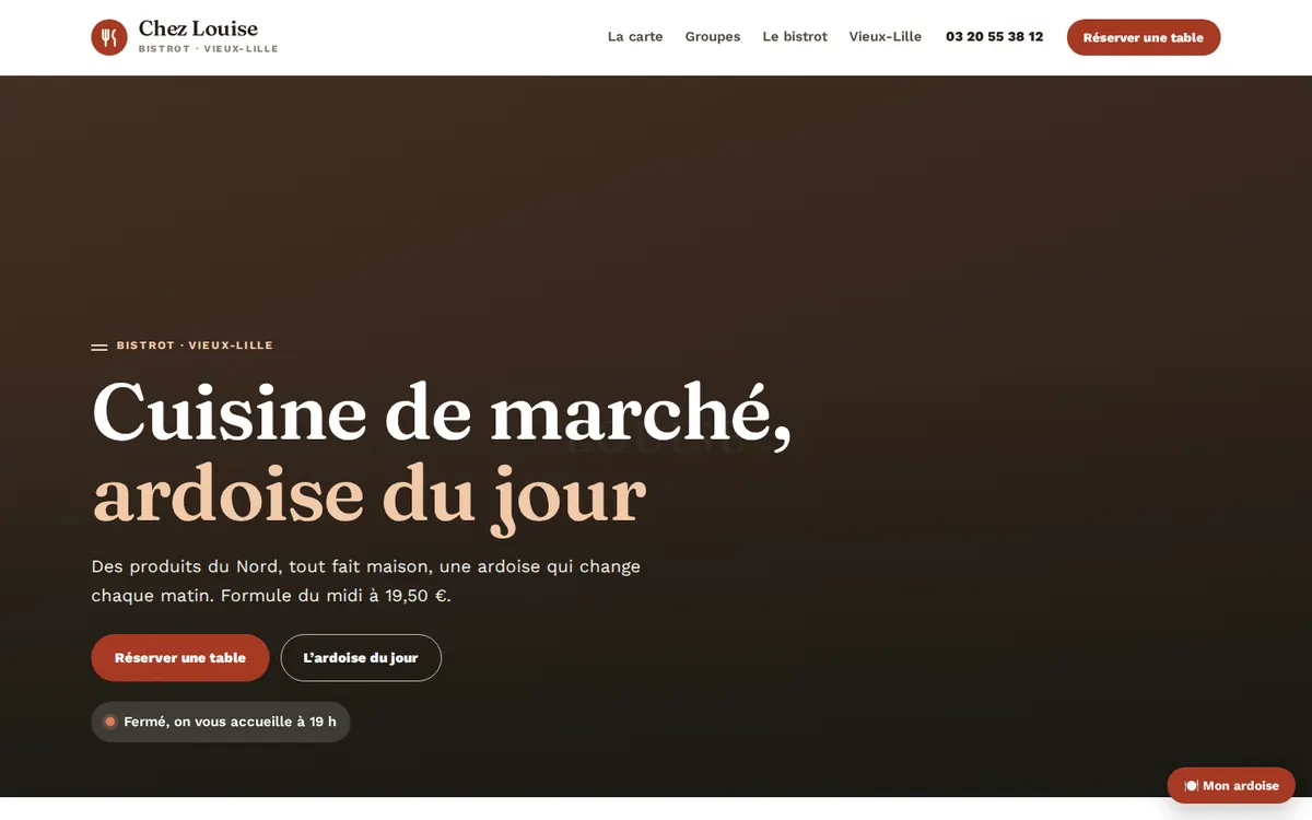 Capture du modèle de site restaurant : page d'accueil sur ordinateur