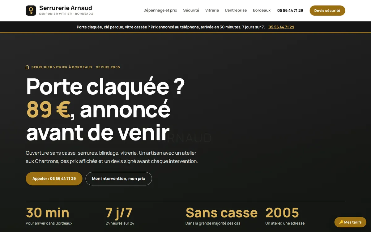 Capture du modèle de site serrurier : page d'accueil sur ordinateur