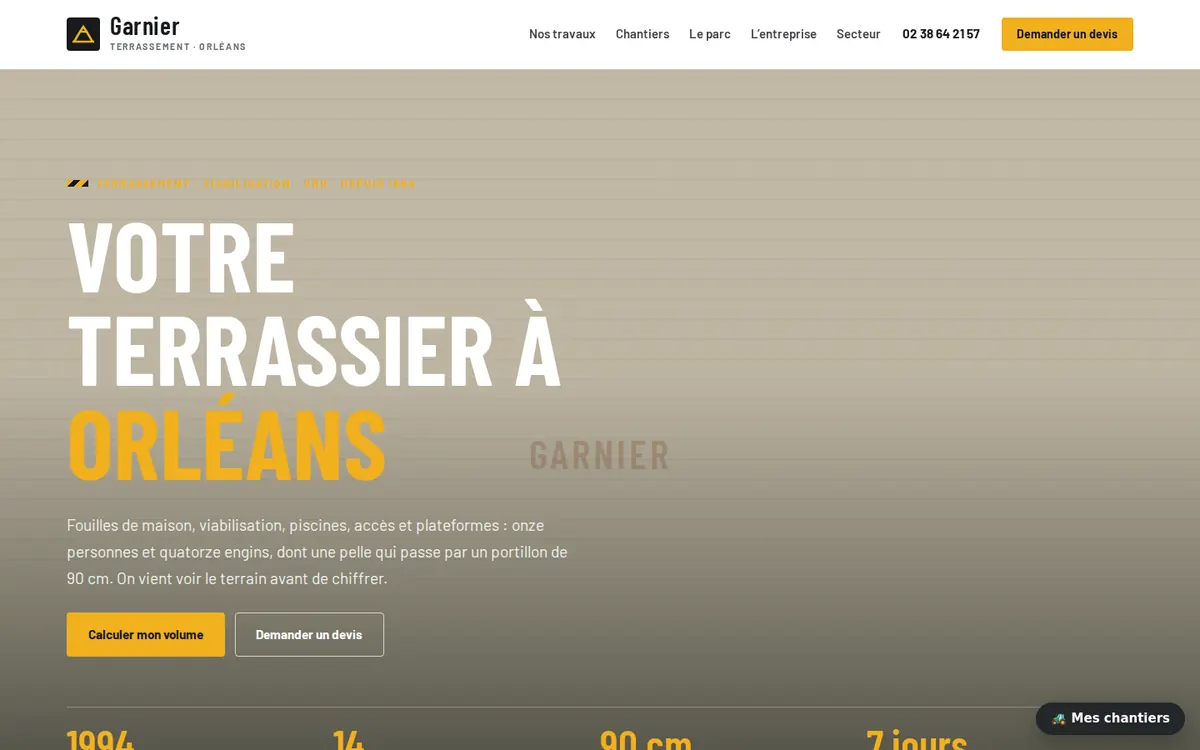 Capture du modèle de site terrassement : page d'accueil sur ordinateur