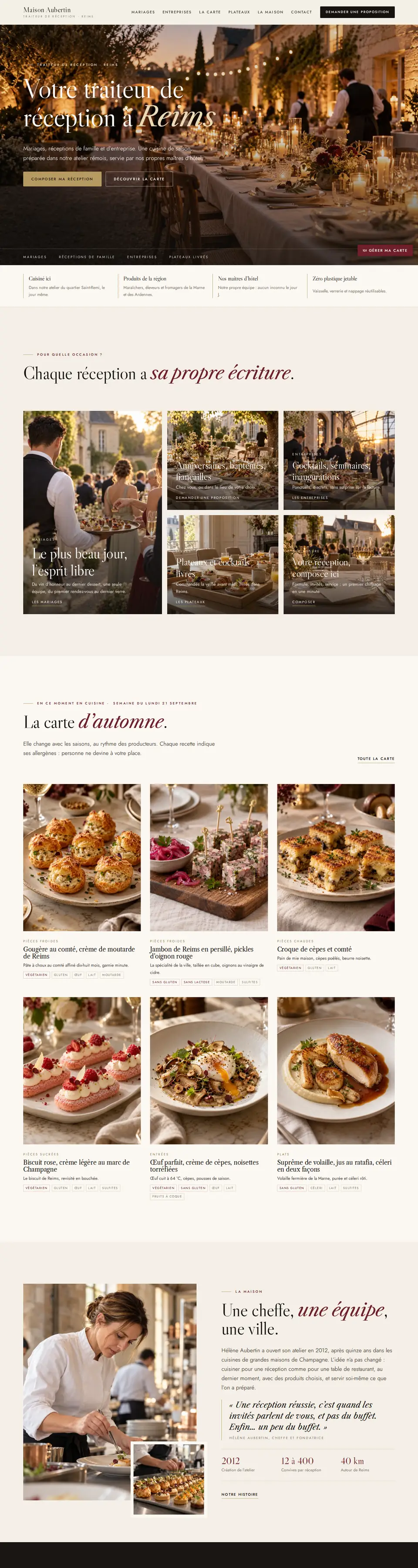 Page d'accueil complète du modèle traiteur de réception