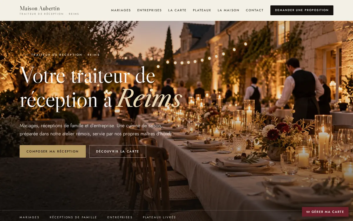 Capture du modèle de site traiteur de réception : page d'accueil sur ordinateur